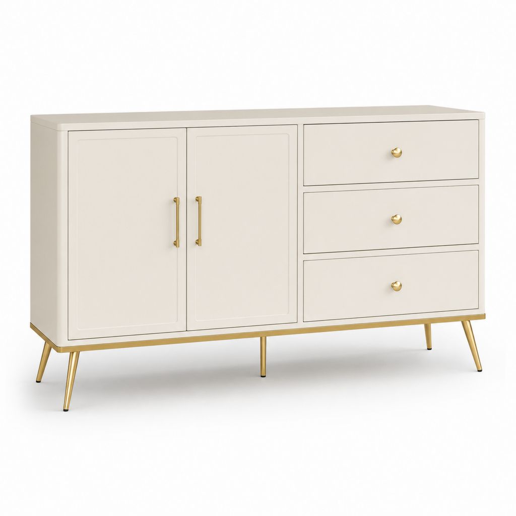 Rechteckiger Glaube aus MDF und beige Stahl und Gold mit 2 Türen und 3 Schubladen, 140 × 40 × 80 cm