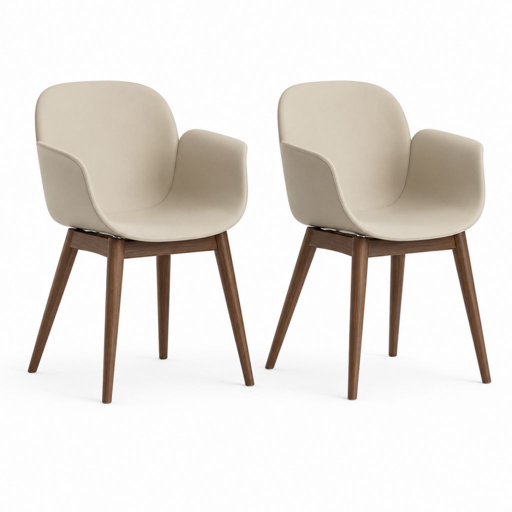 2er-Set Esszimmerstühle aus 2 Essstühlen mit beige PU Lederarmlehnen und Beine aus Massivholz braun Nussbaum, 57 × 58 × 82 cm