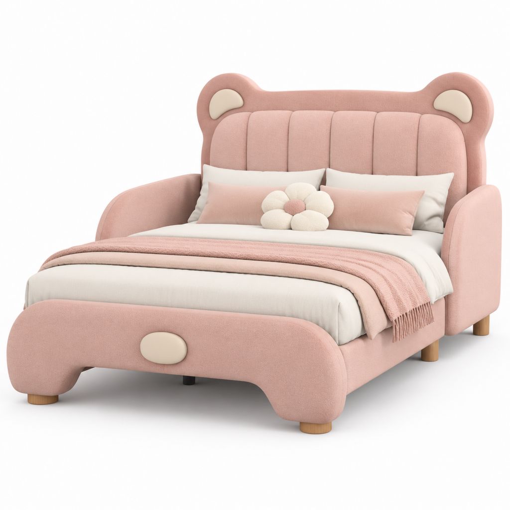 Gepolstertes Bett für Kinder in Bären-, Rosa- und Cremeform, Bettfläche 160 × 200 cm, Abmessungen 218 × 180 × 142 cm