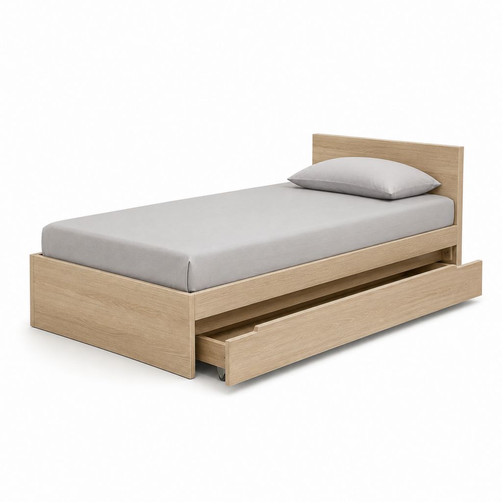 Einzelbett aus Holz 90 × 200 cm mit Schublade, 205 × 96 × 85 cm, Eiche natürlich