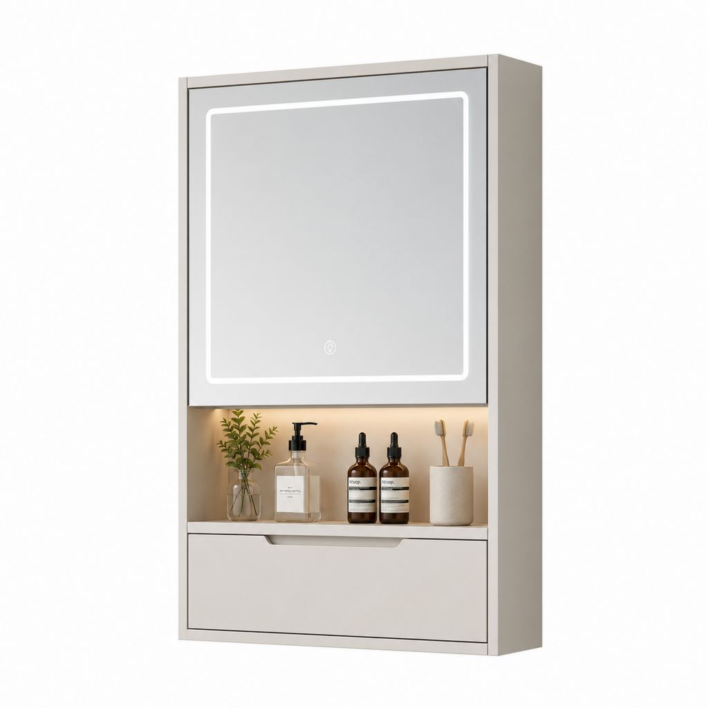 Spiegelbadschrank mit LED, Struktur aus MDF und Glas, Turteltaube und Silber, 60 × 90 × 15 cm