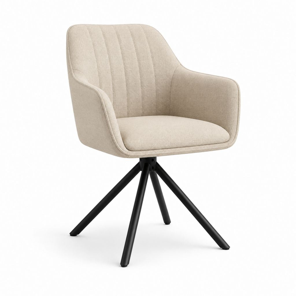 Esszimmerstuhl aus beige Polyester mit Armlehnen und Beinen aus schwarzem Stahl, 62 × 61 × 84 cm