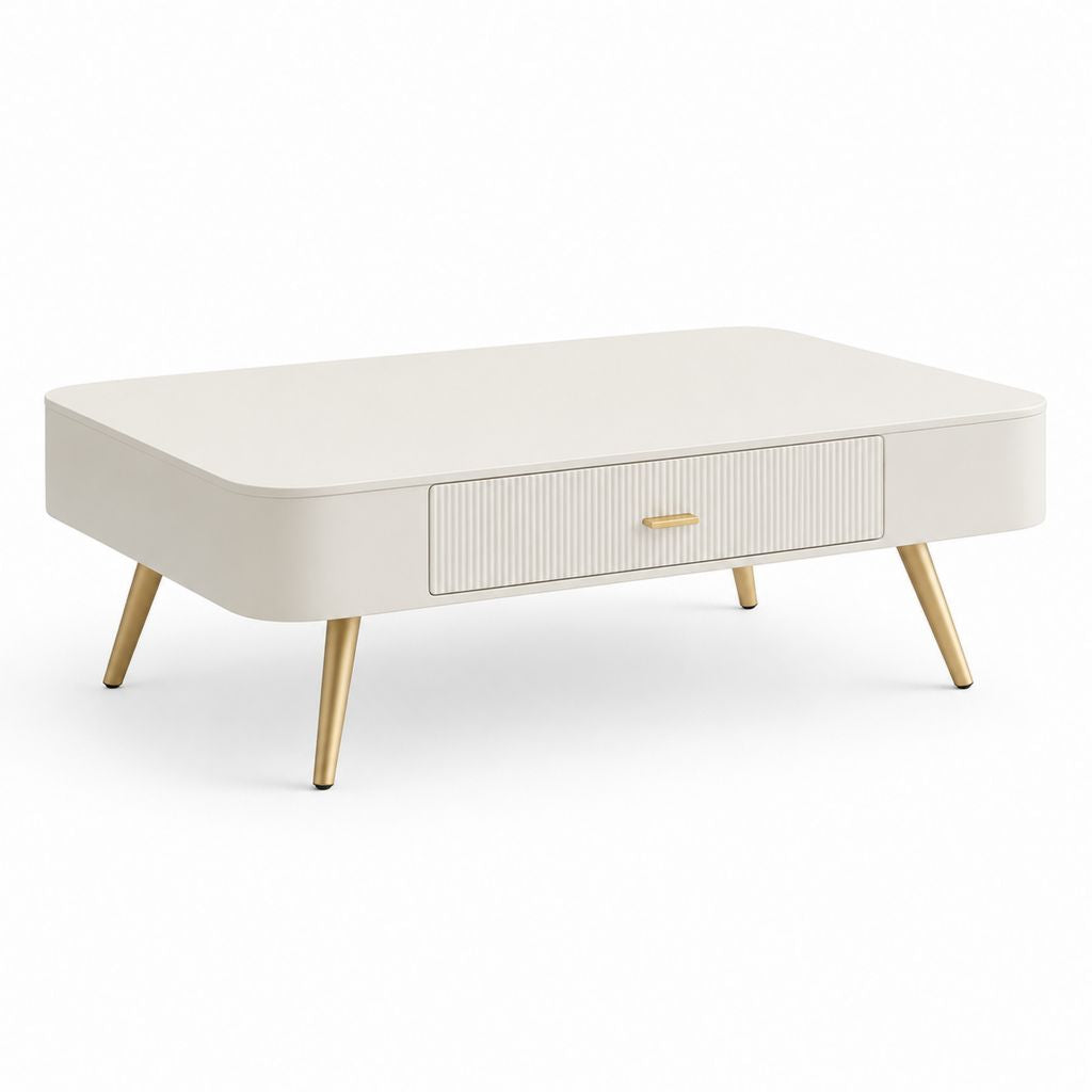 Couchtisch rechteckigen weißen Creme mit Schublade aus MDF und Stahl Beine, 100 × 60 × 43 cm
