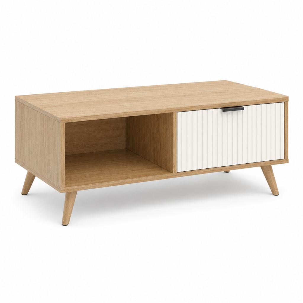 Rechteckiger Couchtisch aus Holz mit offenem Fach und Tür, Eiche und Natur, 100 × 50 × 45 cm
