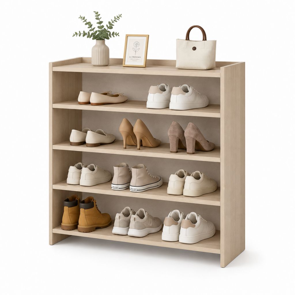 Offene Holzschuhe mit 4 Regalen, helle Eiche, 100 × 30 × 100 cm
