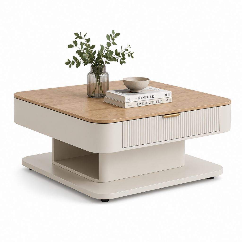 Quadratische Couchtisch mit MDF Schublade lackiert und furniert Holz, helles Beige und Eiche natur, 90 × 90 × 43 cm