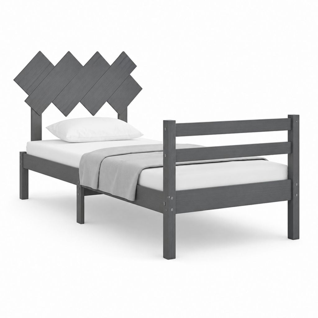 Einzelbett für Kinder 90 × 200 cm aus grauem Holz mit seitlichem Ufer und geometrischem Kopfteil