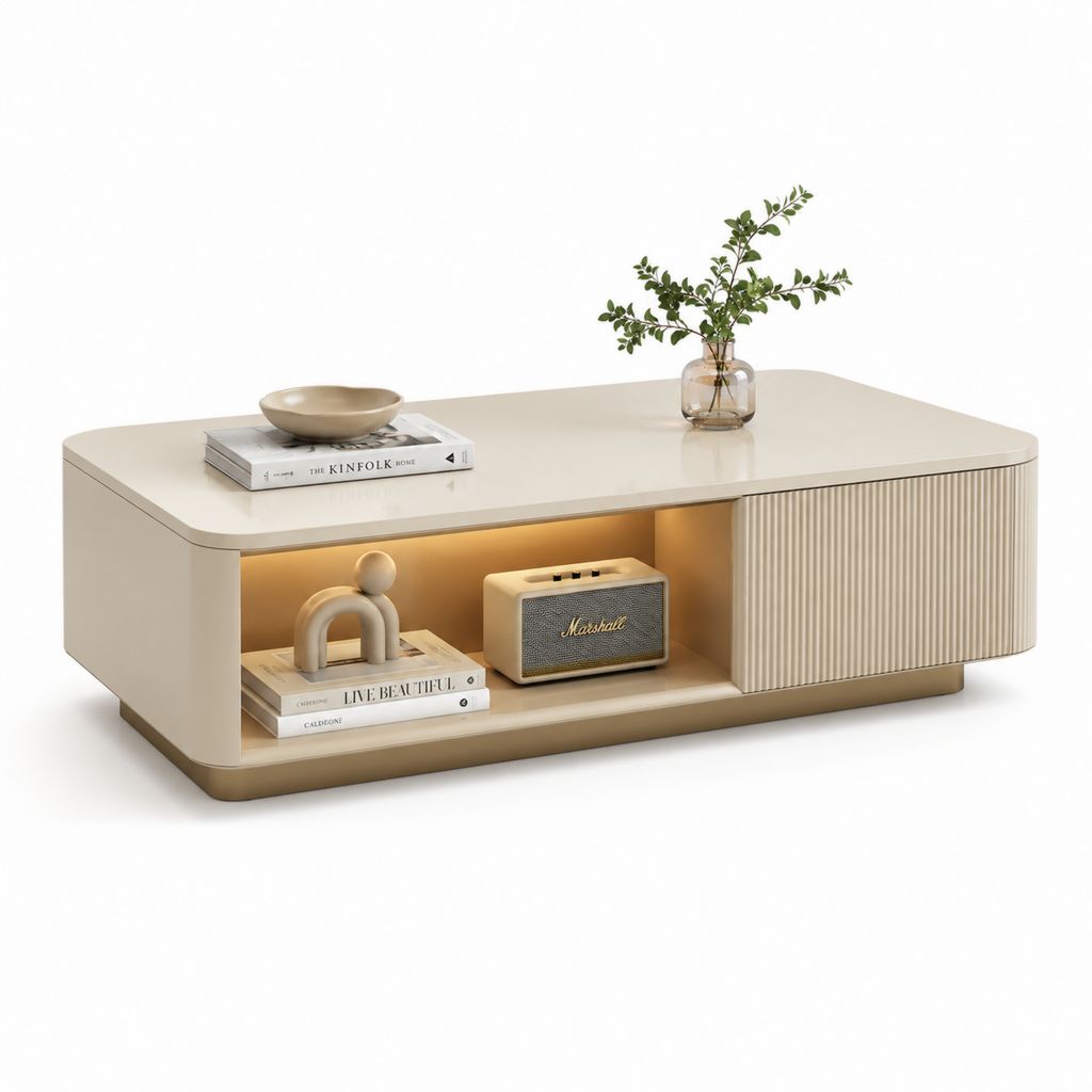 Rechteckiger Couchtisch aus MDF-Creme und Gold mit offenem Raum und Schiebetür, 120 × 60 × 42 cm