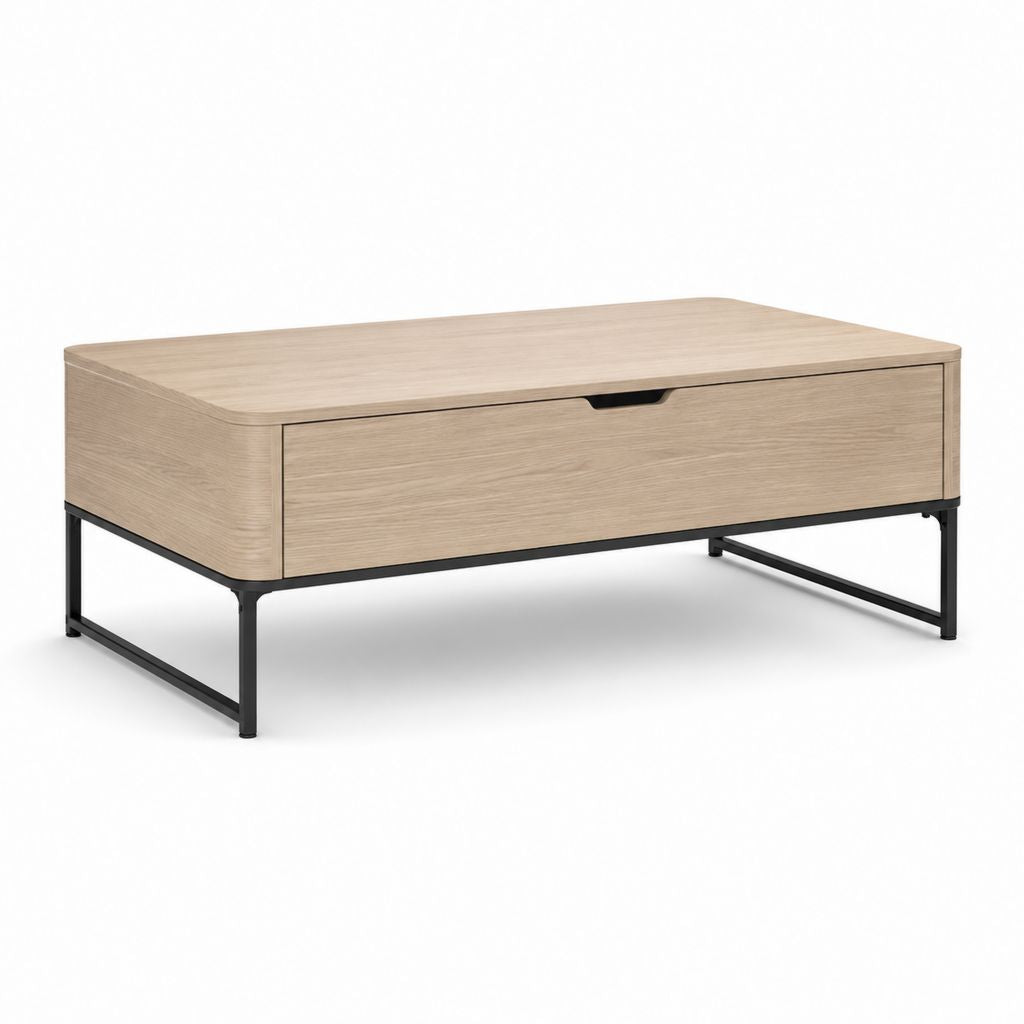 Rechteckiger Couchtisch aus Holz und Stahl mit Schublade, Eiche und Natur, 100 × 55 × 45 cm