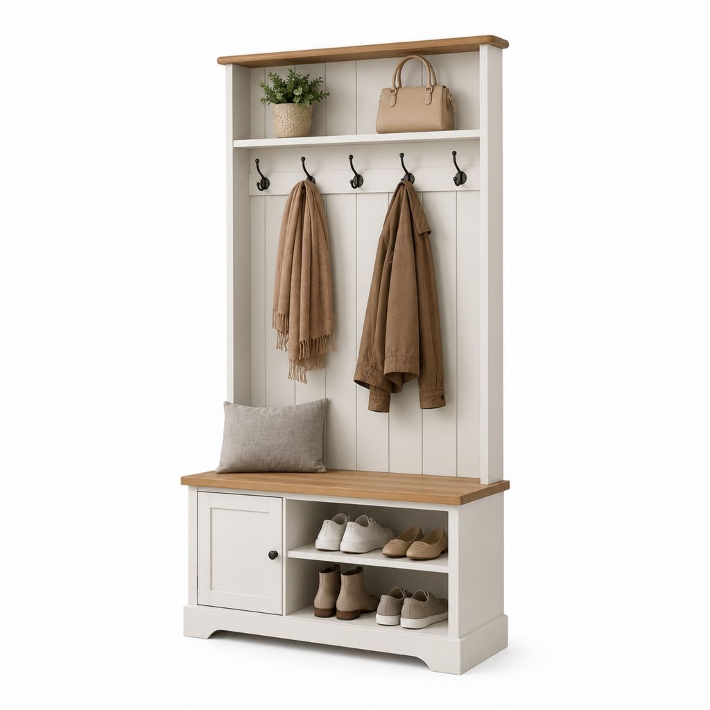 Mobile Kleiderbügel mit Bank und Schuh, 5 Metall Haken, MDF weiß und braun, 100 × 40 × 190 cm