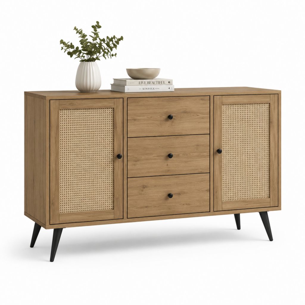 Rechteckiger Holzschmuck, Rattan und Metall mit 3 Schubladen und 2 Türen, Eiche natur, beige und schwarz, 120 × 40 × 80 cm
