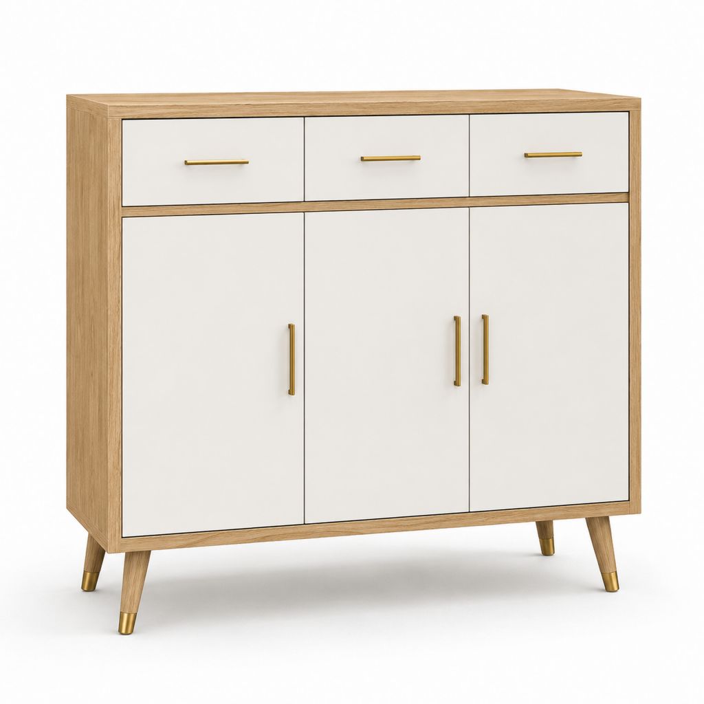 Rechteckiger Holzschmuck und Melaminplatten mit 3 Türen und 3 Schubladen, Eiche natur, mattweiß und Gold, 120 × 40 × 110 cm
