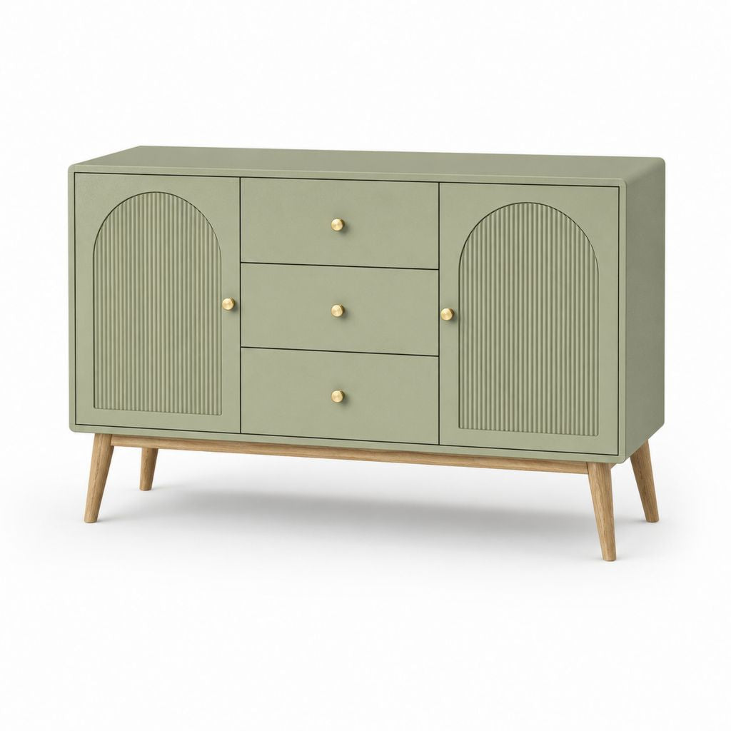 Rechteckiger grüner Glaube Salbei aus MDF und Massivholz mit 2 Türen und 3 Schubladen, 120 × 40 × 80 cm