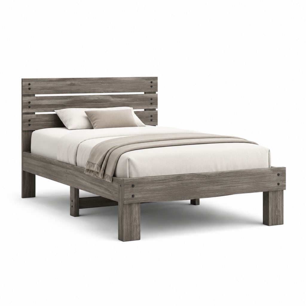 Doppelbett aus grauem Holz mit Lattenkopf, Oberfläche 160 × 200 cm, Abmessungen 170 × 214 × 120 cm