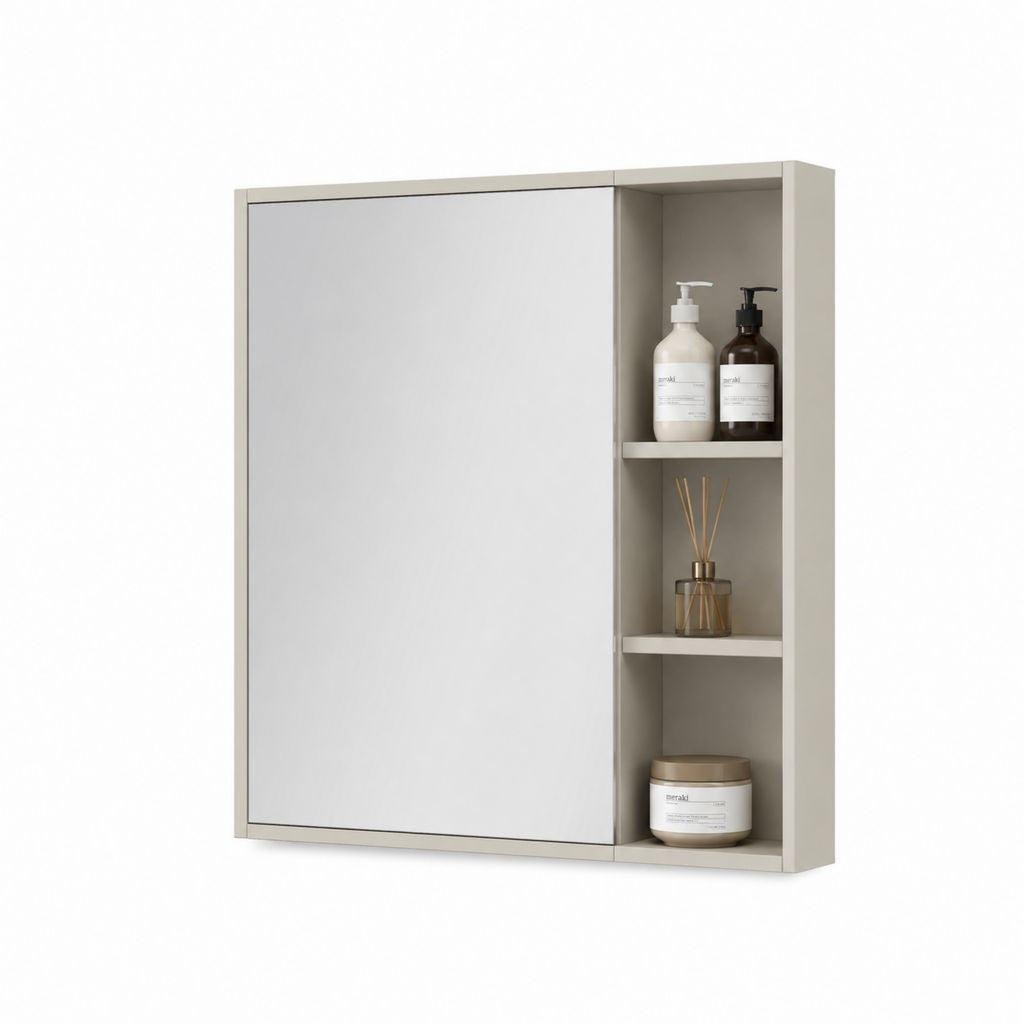 Badezimmer-Schrank mit Schiebetür und 3 Fächern, in Schränken und Glas, beige, 60 × 15 × 70 cm