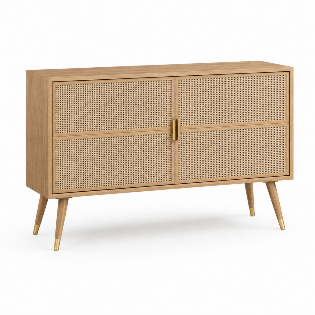 Set 2 pezzi – Rechteckiger Holz-, MDF- und Rattanschmuck, Eiche und Messing, 120 × 40 × 80 cm