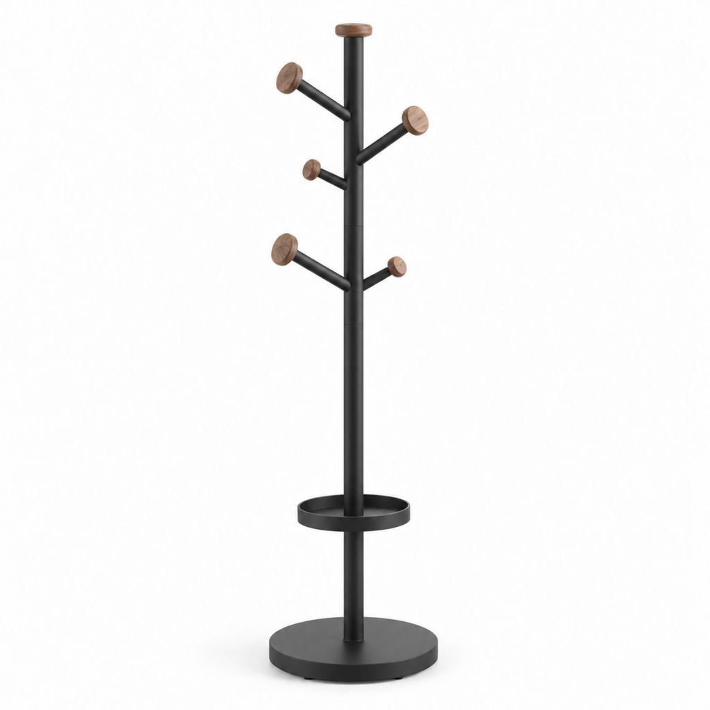 Boden Kleiderbügel mit 5 Haken und Tablett, Struktur aus schwarzem Stahl und Holzterminals, 48 × 48 × 175 cm