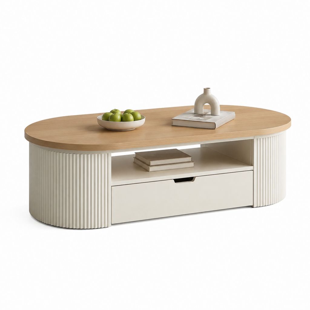 Ovaler Tisch aus Holz mit Schublade und offenem Fach, Eiche natur und weiß Creme, 120 × 60 × 45 cm