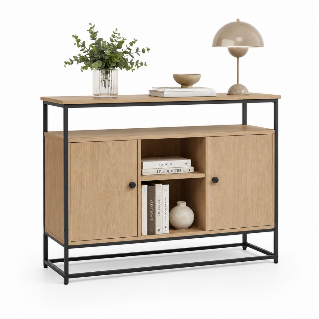 Rechteckiger Schrank mit 2 Türen und offenen Räumen aus Holz-Schränken und schwarzem Stahl, 120 × 40 × 90 cm