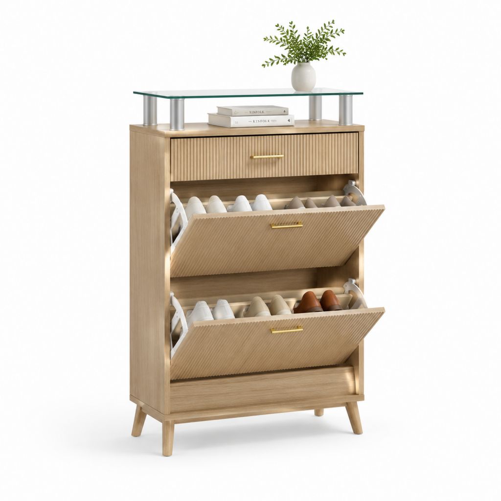 MDF-Schuh und Glas mit 2 Klapptüren und 1 Schublade, Naturholz, 80 × 24 × 120 cm
