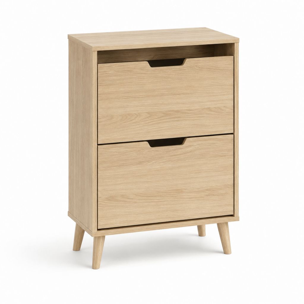Holzschuhe helle Eiche Effekt mit 2 Klapptüren und offenem Fach, 60 × 24 × 100 cm