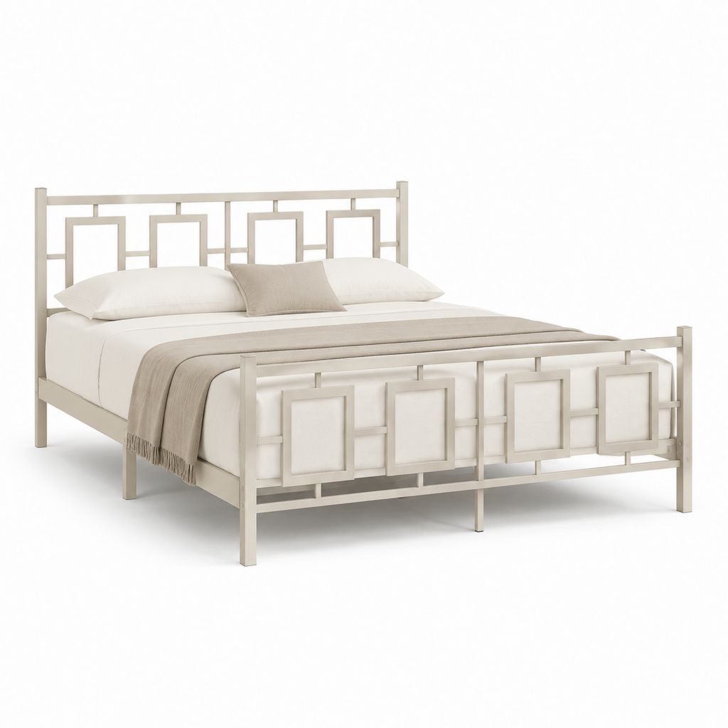 Beige Doppelbett aus Stahl mit geometrischem Kopfteil, Ruhefläche 160 × 200 cm, Abmessungen 168 × 209 × 105 cm