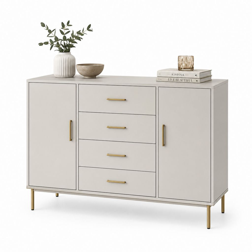 Beige rechteckiger Glaube und Messing mit 2 Türen und 4 Schubladen aus Melamin- und Stahlspanplatten, 120 × 40 × 90 cm