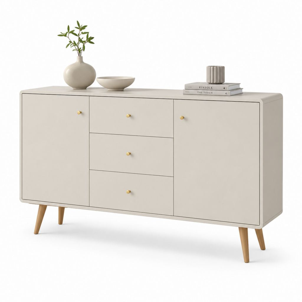 Rechteckiger Glaube aus MDF und Massivholz mit 2 Türen und 3 Schubladen, beige, 120 × 40 × 80 cm