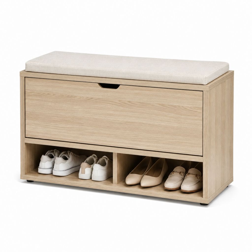 Holzbank-Stiefel mit gepolstertem Sitz, Klapptür und 2 Zimmern, helle Eiche und Beige, 100 × 35 × 60 cm