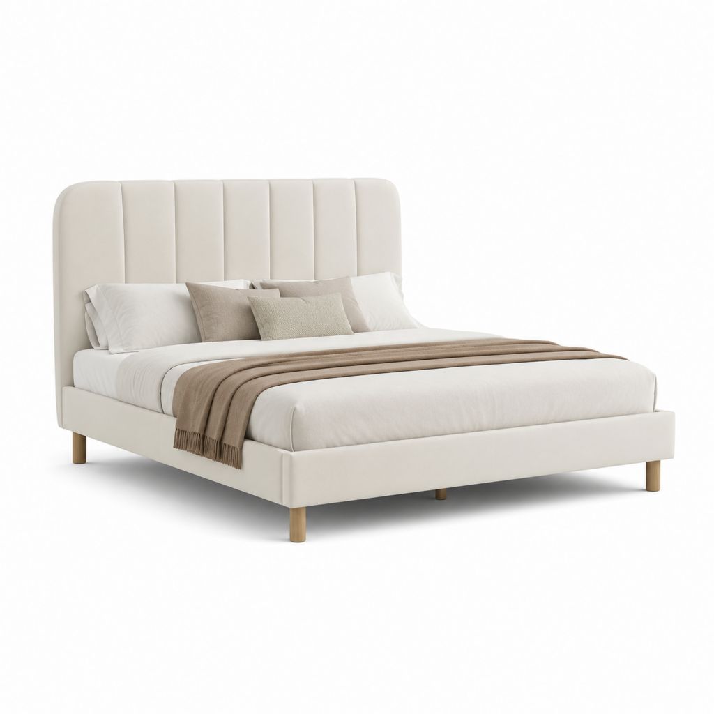 Gepolstertes Doppelbett 160 × 200 cm aus Polyester-Creme mit nacktem Kopfteil und Lattennetz