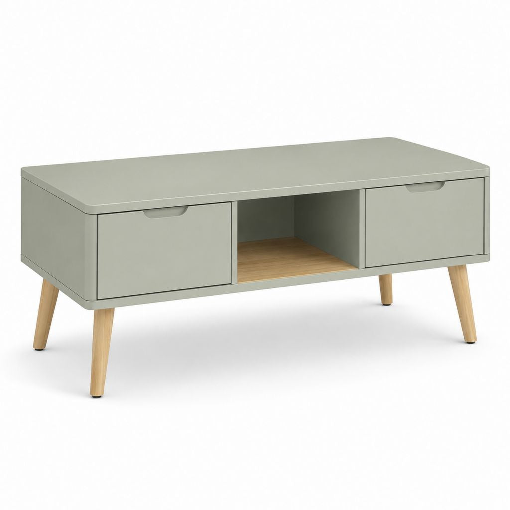 Rechteckiger Couchtisch mit MDF-Behälter und Massivholz, grüner Salbei und natürlicher Eiche, 100 × 50 × 45 cm