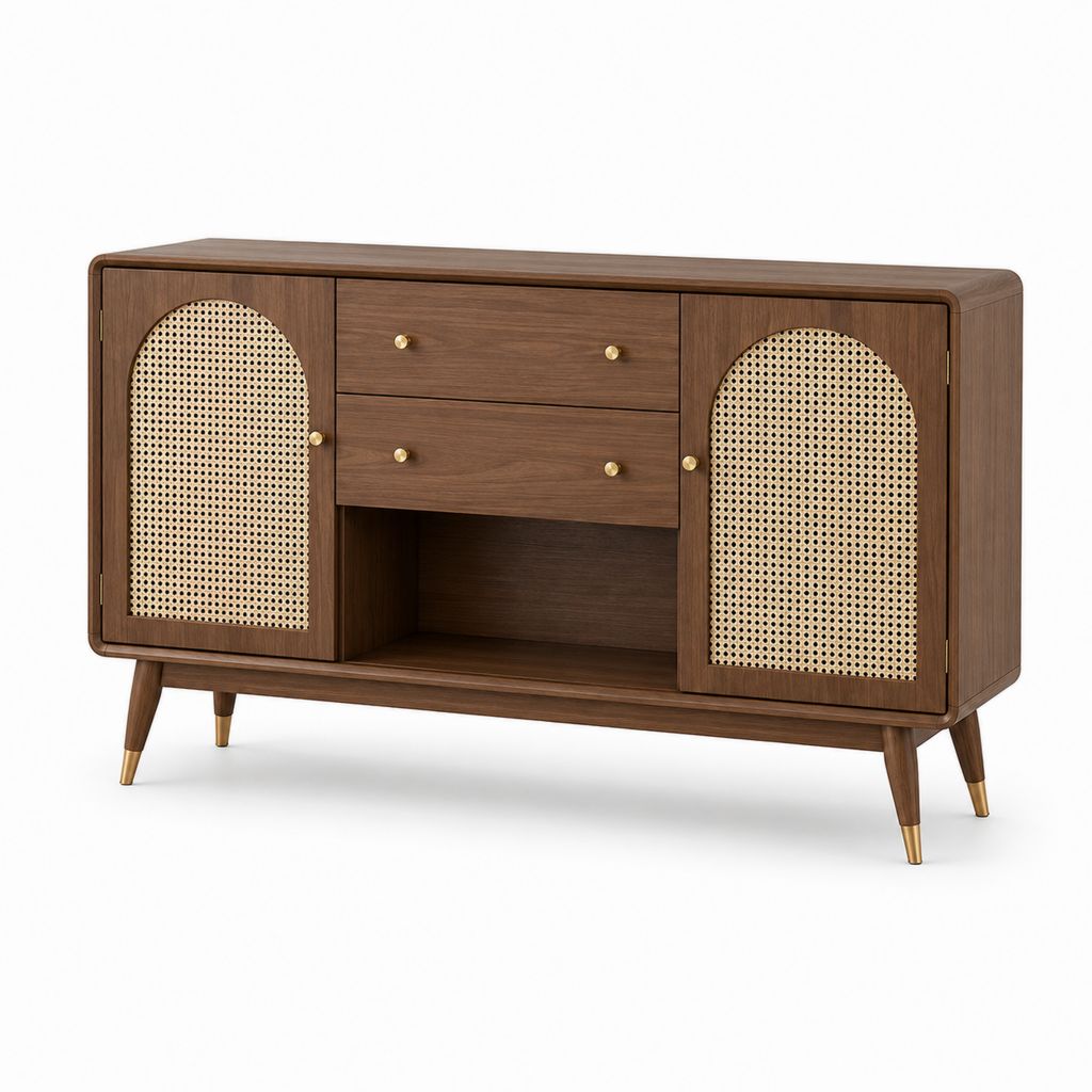 Rechteckiger Glaube aus MDF furniert Nussbaum und natürliche Rattan, braun, mit 2 Türen, 2 Schubladen und offenem Raum, 140 × 40 × 85 cm