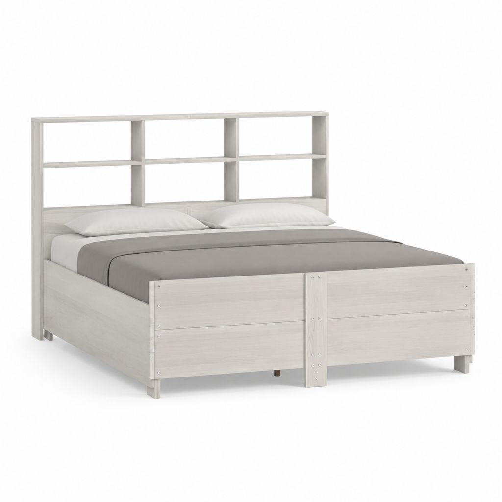 Doppelbett aus melaminischen Platten weiß mit Bibliothek Kopfteil, für Matratze 160 × 200 cm, 168 × 218 × 140 cm