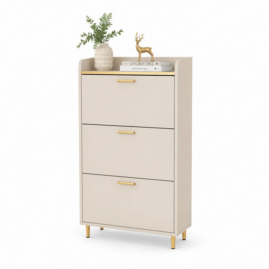 Holzschuhschuhe mit 3 Klapptüren, Beige und Gold, 80 × 24 × 120 cm