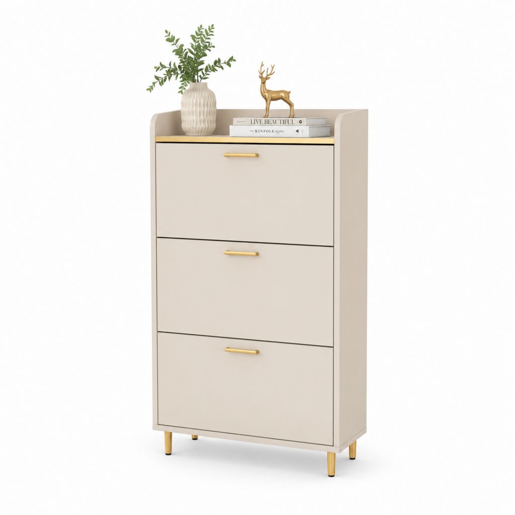 Holzschuhschuhe mit 3 Klapptüren, Beige und Gold, 80 × 24 × 120 cm