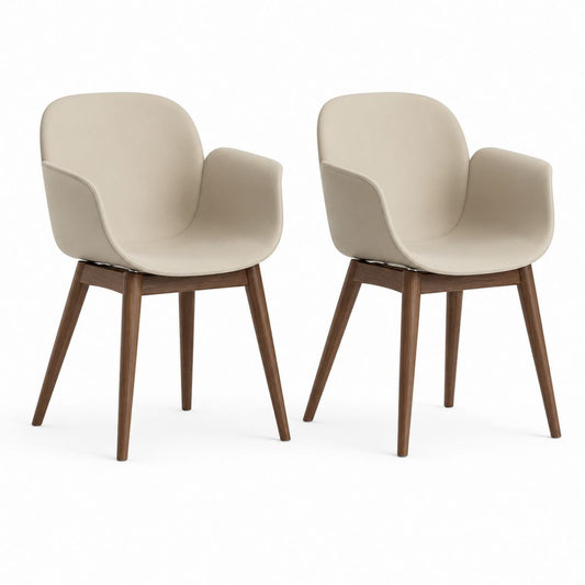 2er-Set Esszimmerstühle aus 2 Essstühlen mit beige PU Lederarmlehnen und Beine aus Massivholz braun Nussbaum, 57 × 58 × 82 cm