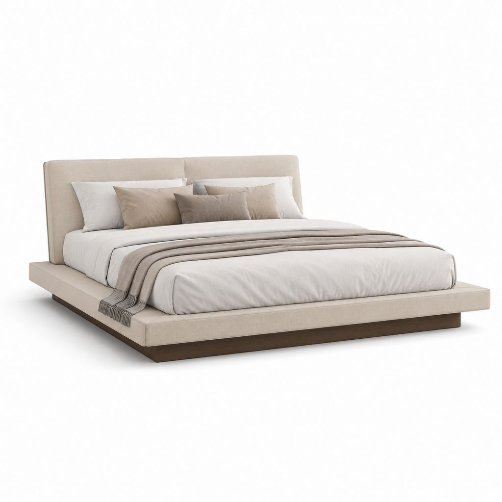 Gepolstertes Doppelbett 180 × 200 cm aus beigefarbenem Stoff mit Kopfteil und Basis braun Nussbaum, 240 × 220 × 95 cm
