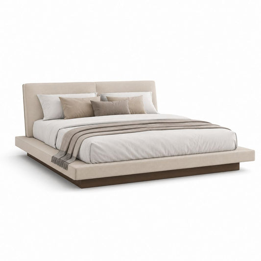 Gepolstertes Doppelbett 180 × 200 cm aus beigefarbenem Stoff mit Kopfteil und Basis braun Nussbaum, 240 × 220 × 95 cm