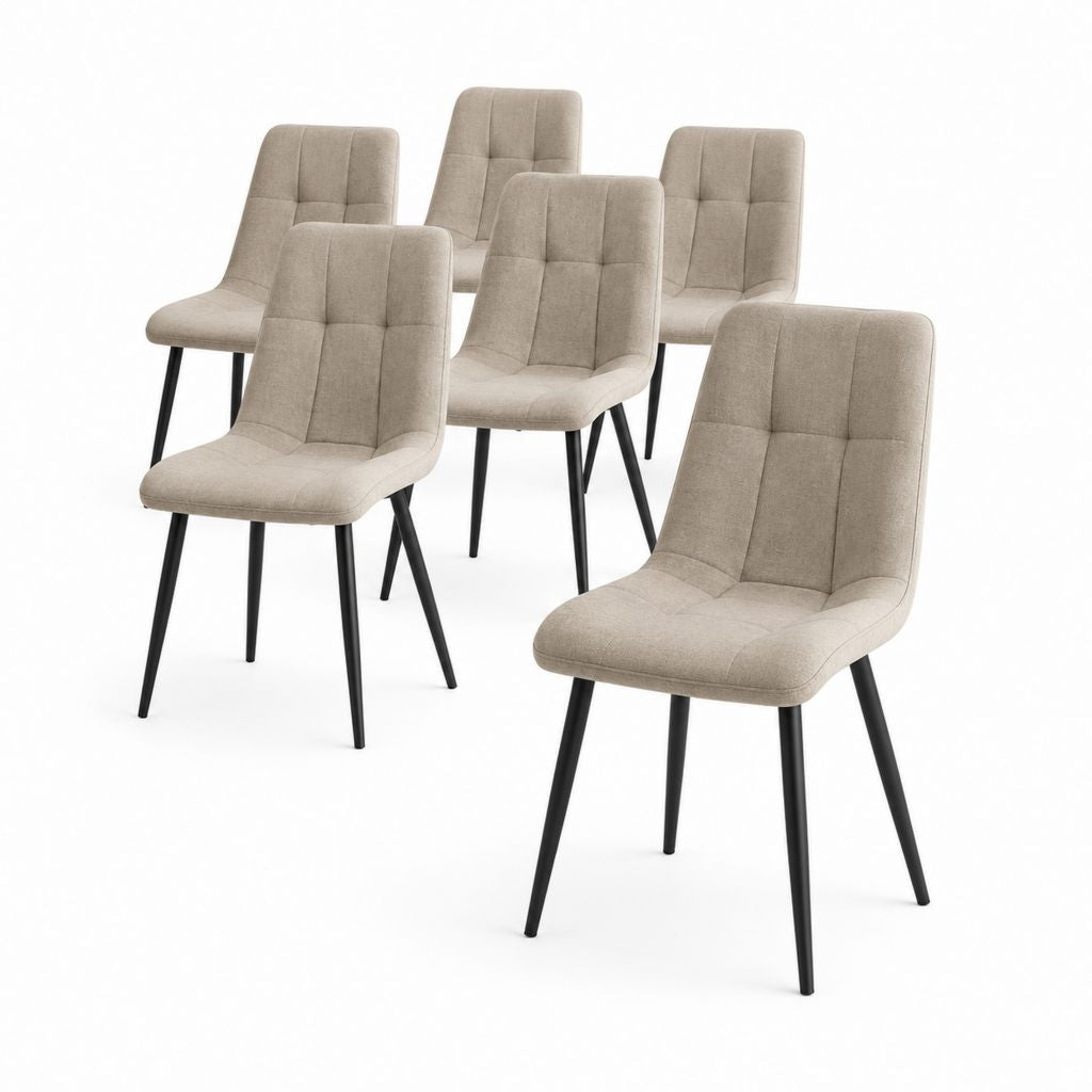 6er-Set Esszimmerstühle mit 6 gepolsterten Essstühlen aus Stoff und Stahl, beige und schwarz, 49 × 56 × 87 cm