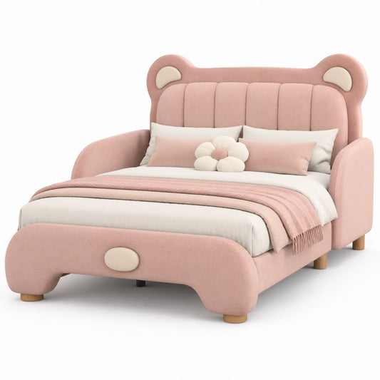 Gepolstertes Bett für Kinder in Bären-, Rosa- und Cremeform, Bettfläche 160 × 200 cm, Abmessungen 218 × 180 × 142 cm