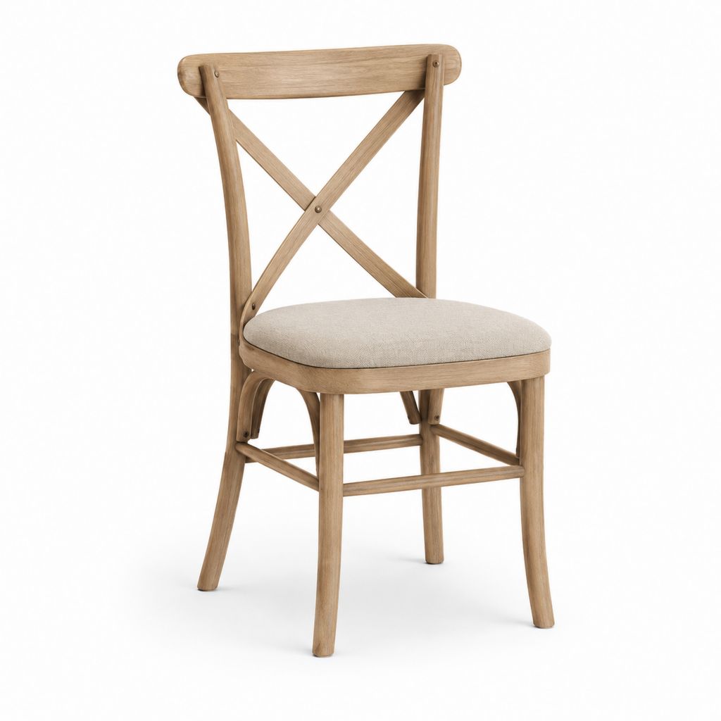 Esszimmerstuhl aus Holz mit X-Rücken und beige gepolstertem Sitz, 49 × 55 × 89 cm