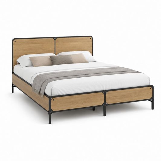 Doppelbett 180 × 200 cm aus MDF und Stahl, Natur- und Schwarze Eiche, 208 × 186 × 110 cm