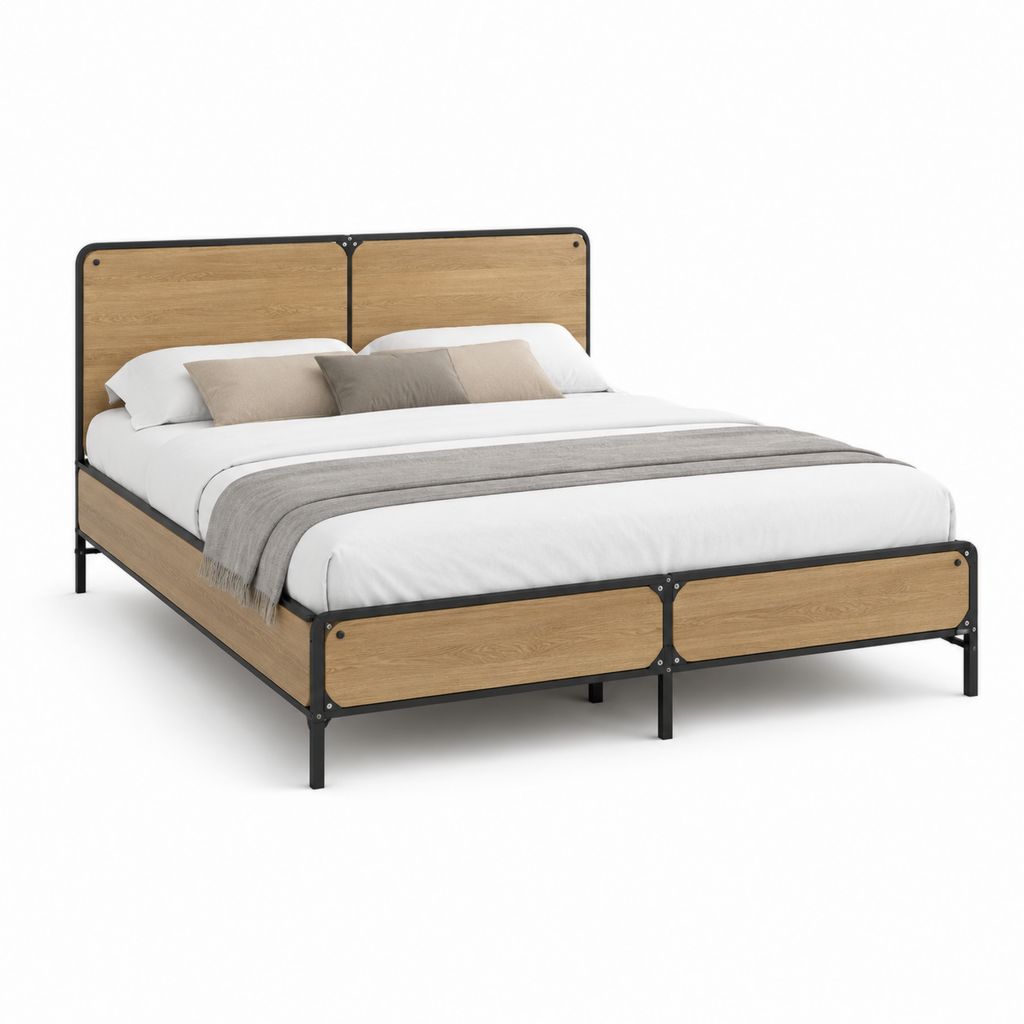 Doppelbett 180 × 200 cm aus MDF und Stahl, Natur- und Schwarze Eiche, 208 × 186 × 110 cm
