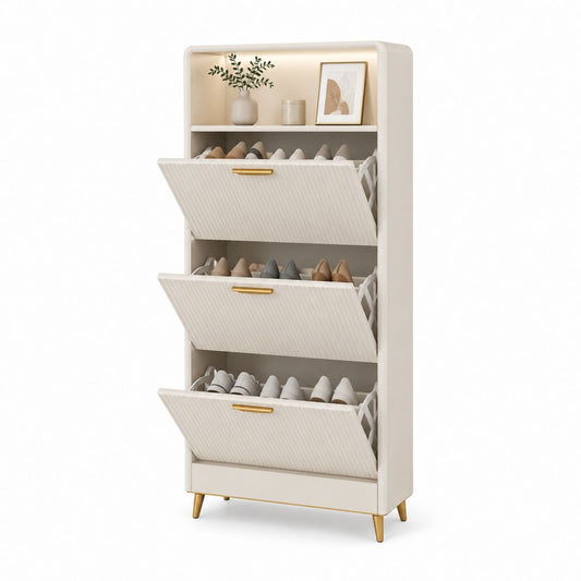 3 klappbare vertikale Stiefelschuhe mit offenem Fach und LED-Beleuchtung, MDF und Tuch, weiß Creme und Gold, 80 × 24 × 150 cm