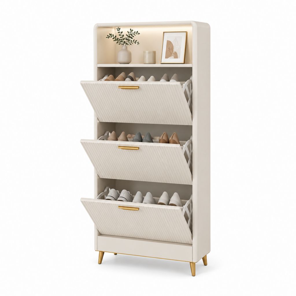 3 klappbare vertikale Stiefelschuhe mit offenem Fach und LED-Beleuchtung, MDF und Tuch, weiß Creme und Gold, 80 × 24 × 150 cm