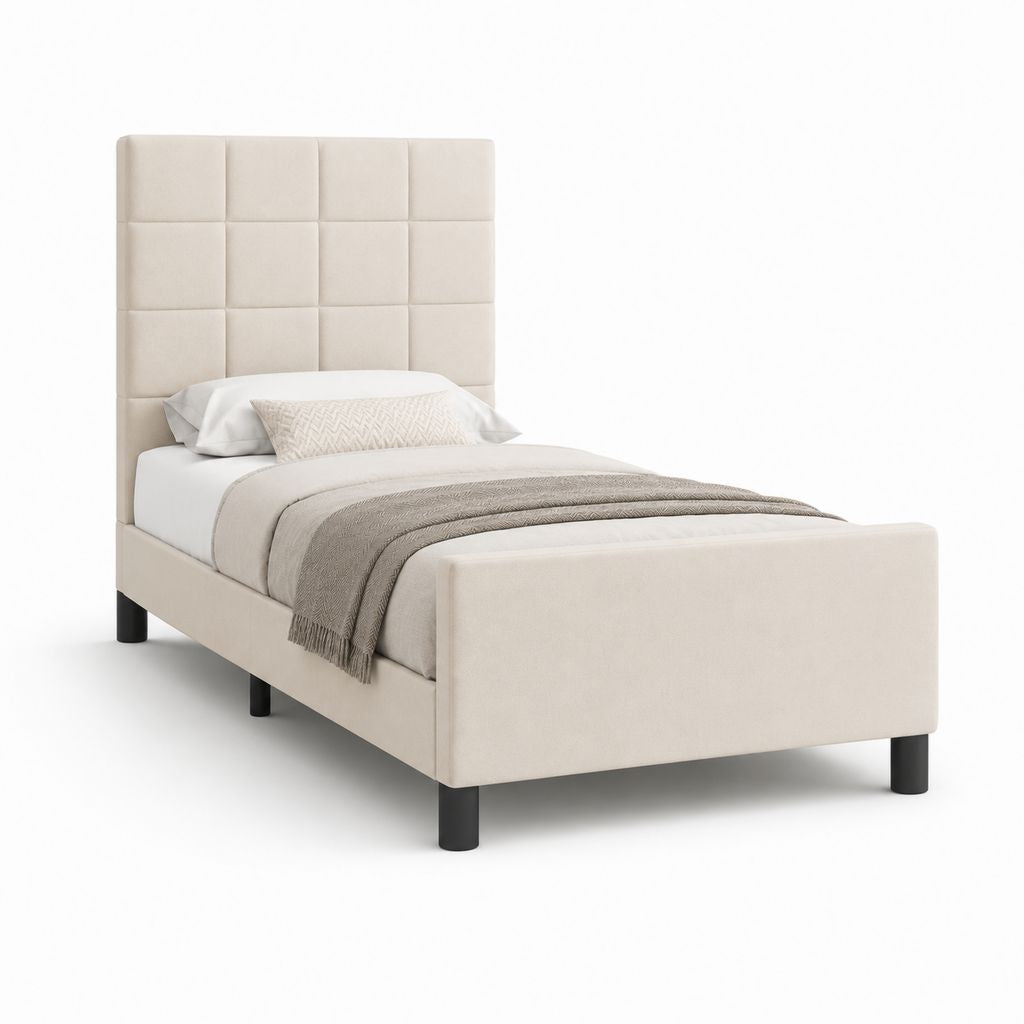 Gepolstertes Einzelbett aus beige und schwarz Stoff, 215 × 100 × 140 cm, Netz 90 × 200 cm, Kopfteil hoch gesteppt