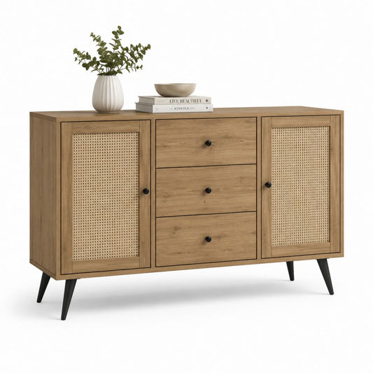 Rechteckiger Holzschmuck, Rattan und Metall mit 3 Schubladen und 2 Türen, Eiche natur, beige und schwarz, 120 × 40 × 80 cm