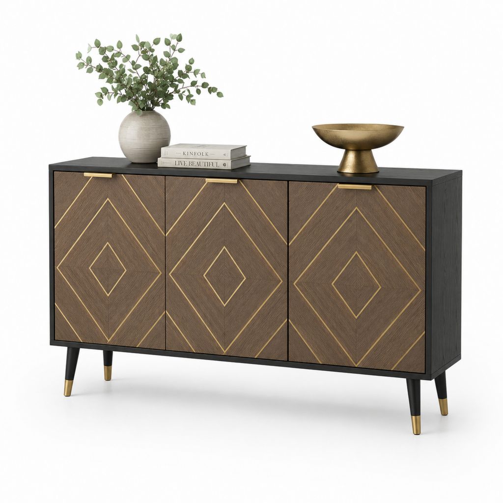 Rechteckiger 3 Türen-Schrank aus Holz und Stahl, schwarz, braun und gold, 150 × 40 × 80 cm