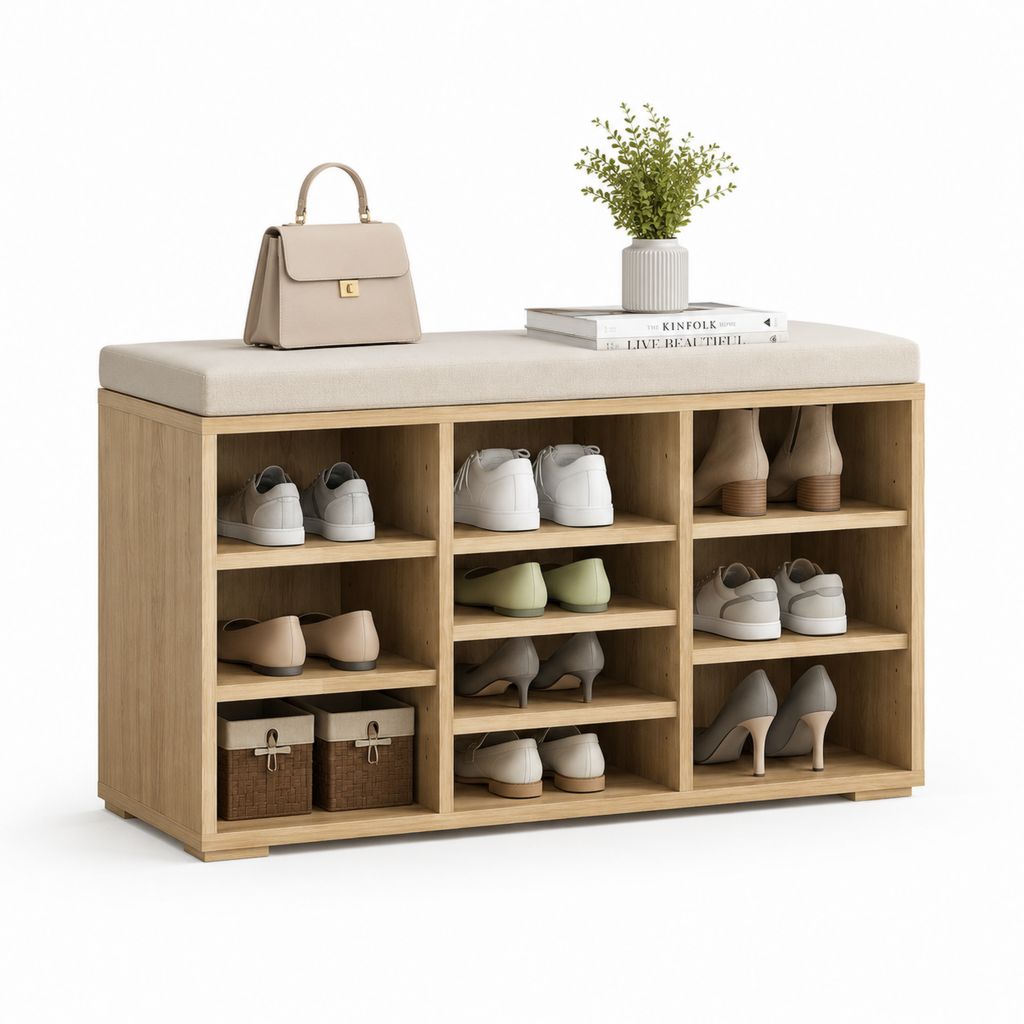 Stiefel mit Bank und gepolstertem Sitz, 10 Fächer, in melaminischer Trübe, Eiche natur und Beige, 120 × 35 × 60 cm