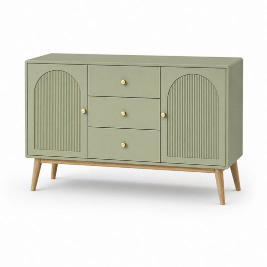 Rechteckiger grüner Glaube Salbei aus MDF und Massivholz mit 2 Türen und 3 Schubladen, 120 × 40 × 80 cm